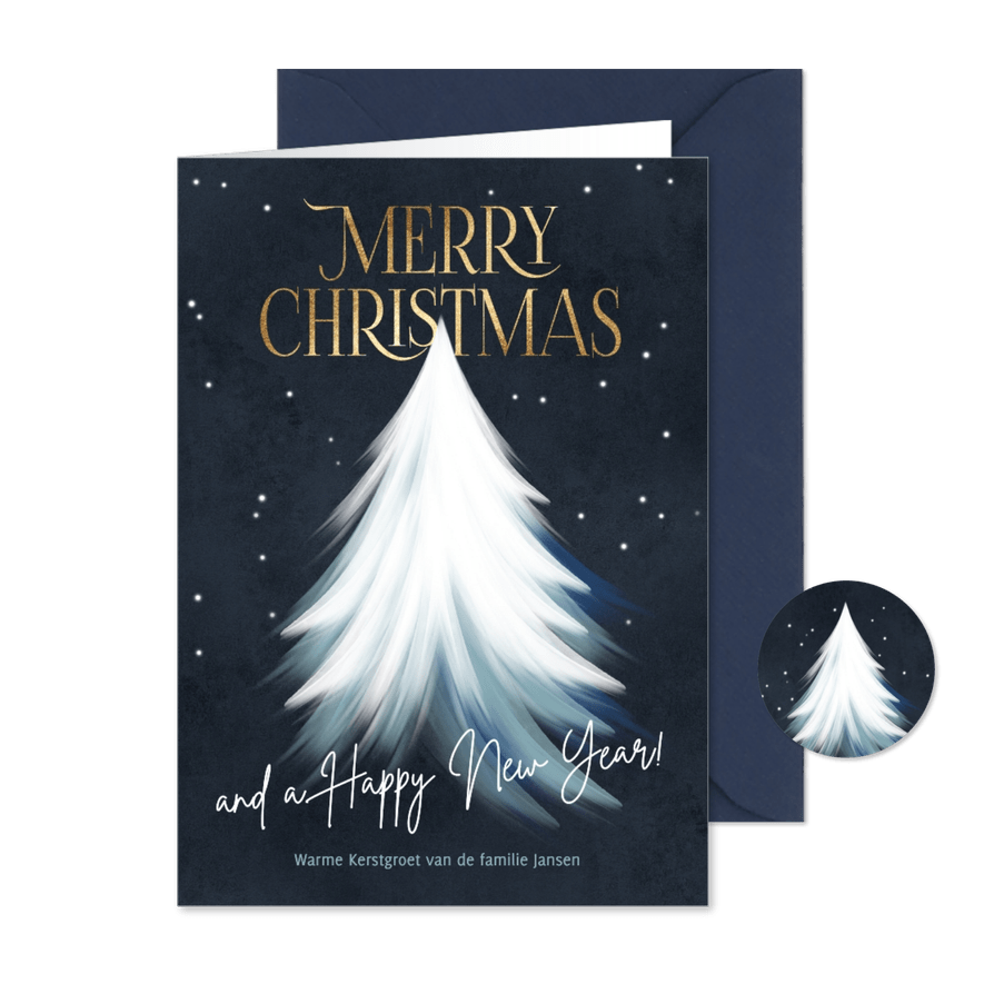 Kerstkaart witte stijlvolle kerstboom met sterren hemel - Kaartimpressie