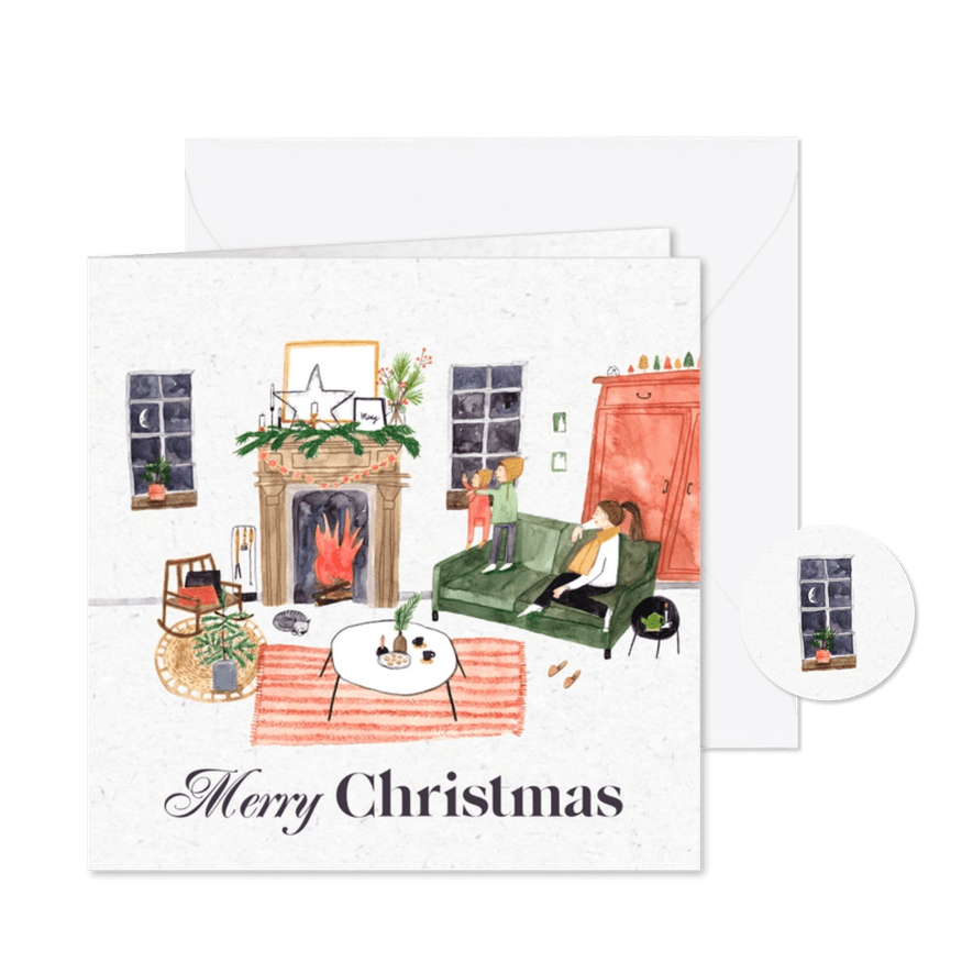 Kerstkaart woonkamer sterren gezellig merry christmas - Kaartimpressie