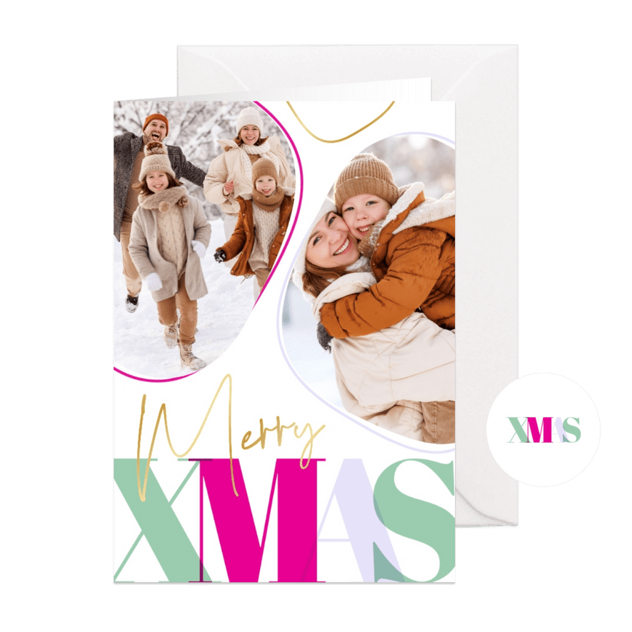 Kerstkaart XMAS in funky kleurtjes met twee foto's - Kaartimpressie