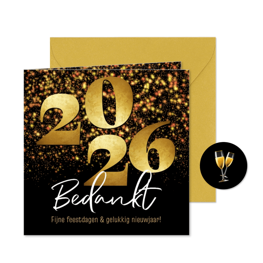 Kerstkaart zakelijk bedankt 2026 goud sparkles - Kaartimpressie