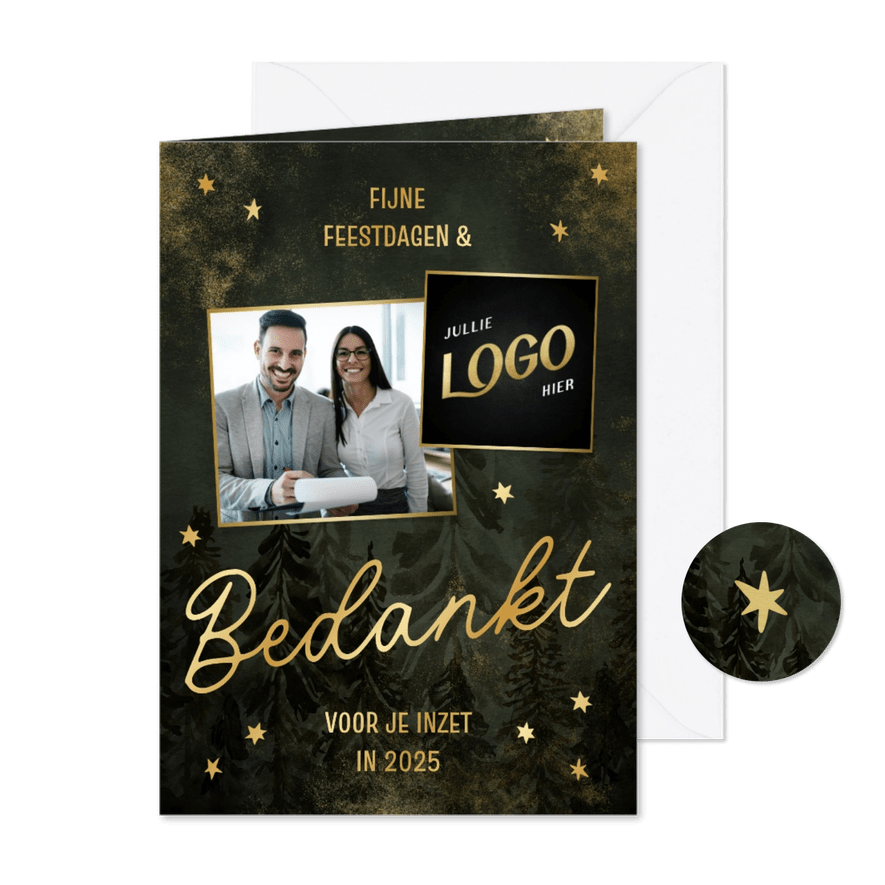 Kerstkaart zakelijk bedankt met kerstbomen en sterren - Kaartimpressie