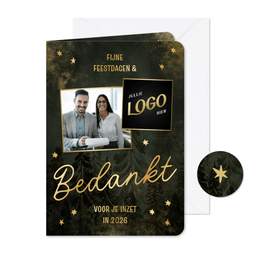 Kerstkaart zakelijk bedankt met kerstbomen en sterren - Kaartimpressie