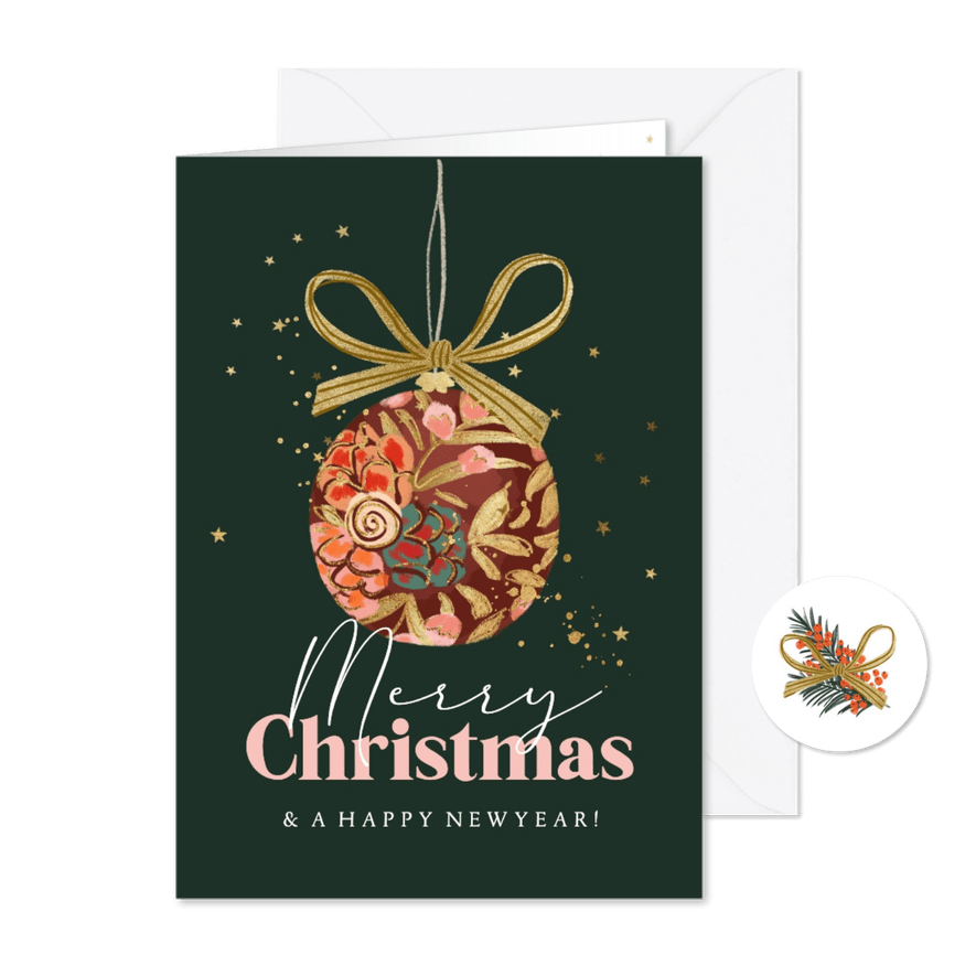 Kerstkaart zakelijk illustratie kerstbal goudfolie sterren - Kaartimpressie
