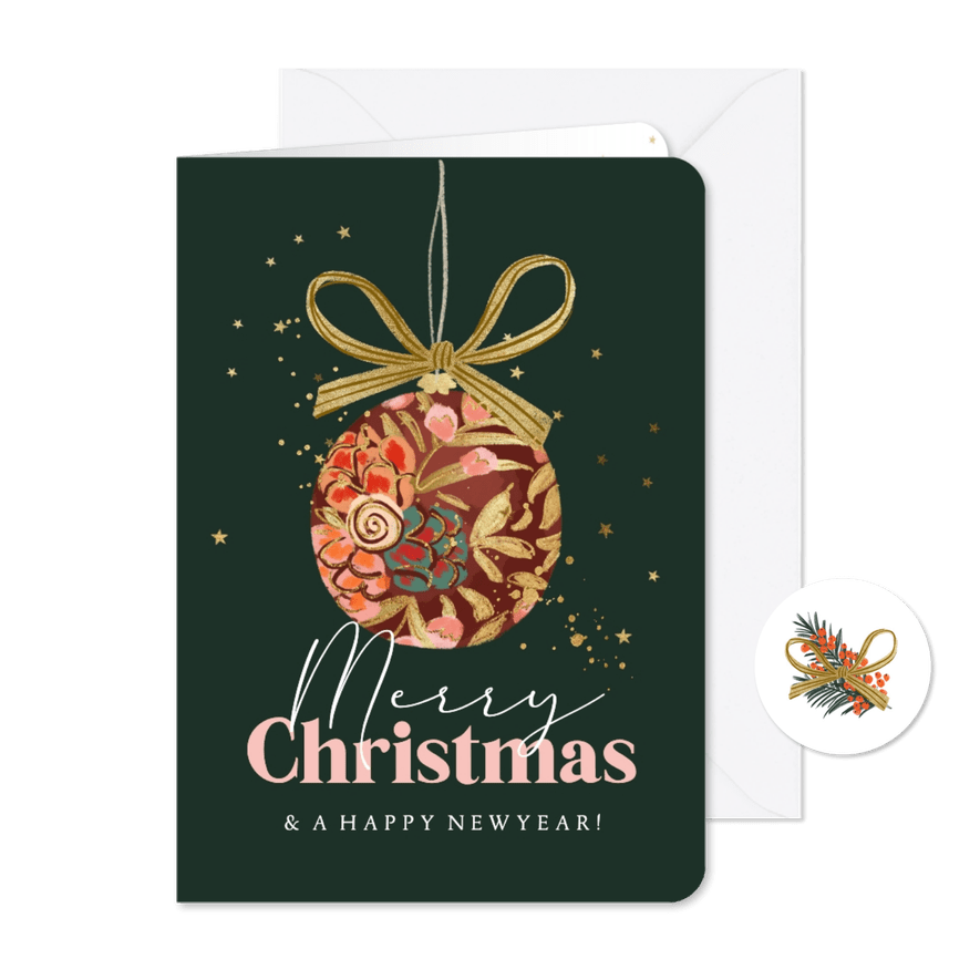 Kerstkaart zakelijk illustratie kerstbal goudfolie sterren - Kaartimpressie