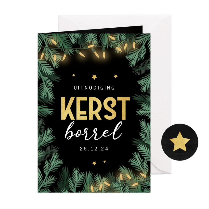 Kerstkaart zakelijk kerstborrel kerstlampjes kersttakje goud - Kaartimpressie