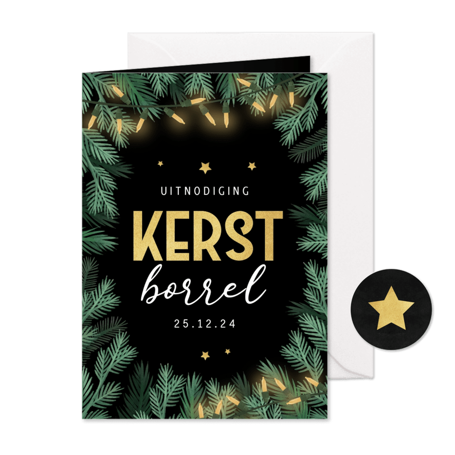 Kerstkaart zakelijk kerstborrel kerstlampjes kersttakje goud - Kaartimpressie