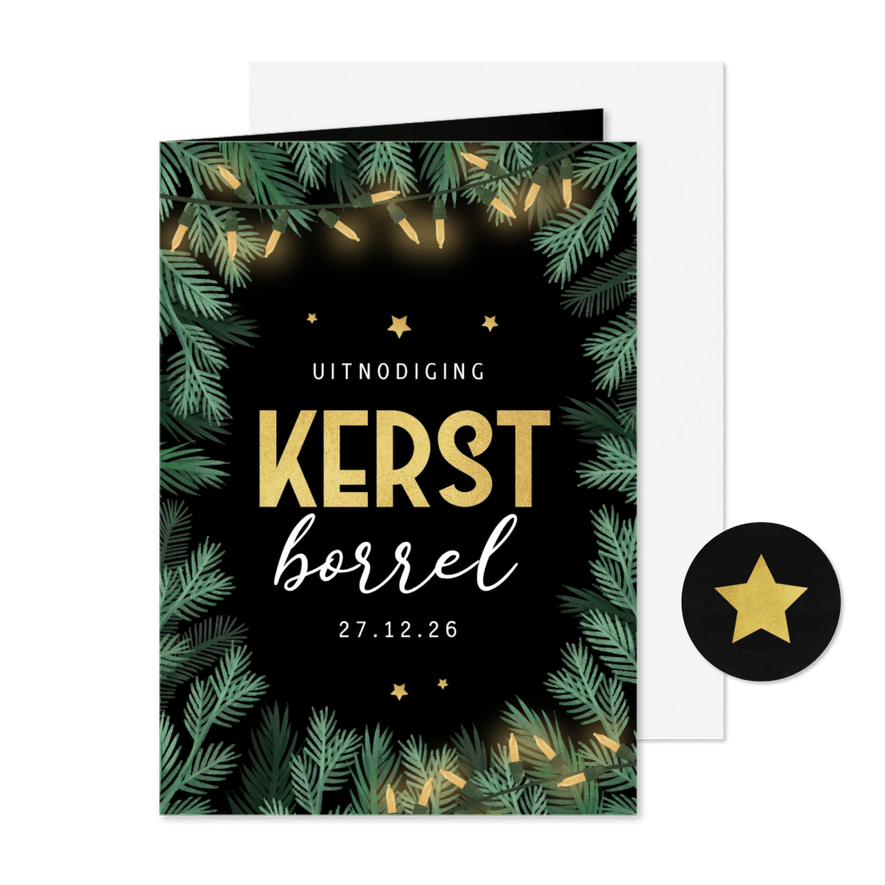 Kerstkaart zakelijk kerstborrel kerstlampjes kersttakje goud - Kaartimpressie