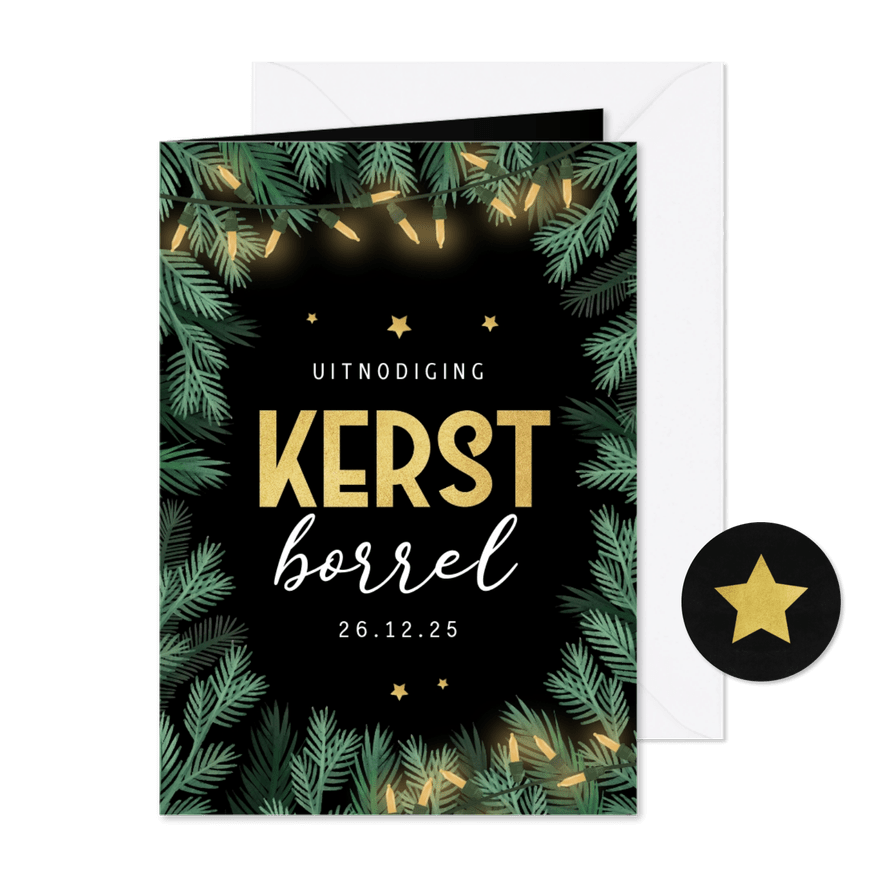 Kerstkaart zakelijk kerstborrel kerstlampjes kersttakje goud - Kaartimpressie