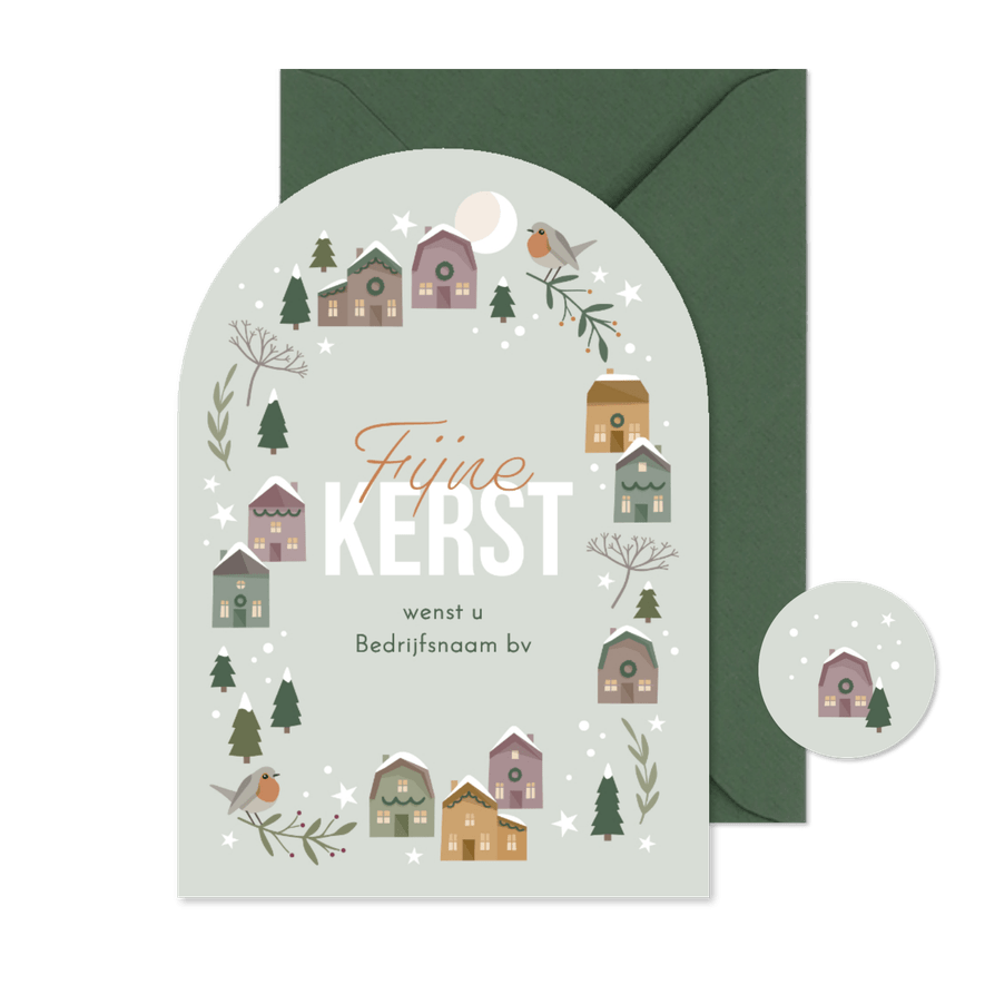 Kerstkaart zakelijk kersthuisjes in wintersfeer - Kaartimpressie