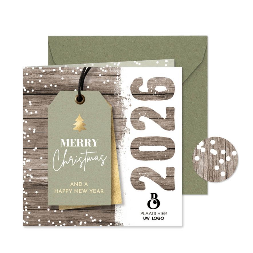Kerstkaart zakelijk label 2026 en logo op hout - Kaartimpressie