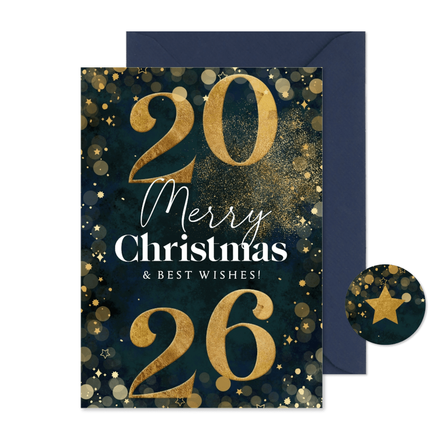 Kerstkaart zakelijk merry christmas jaartal goud sterren - Kaartimpressie