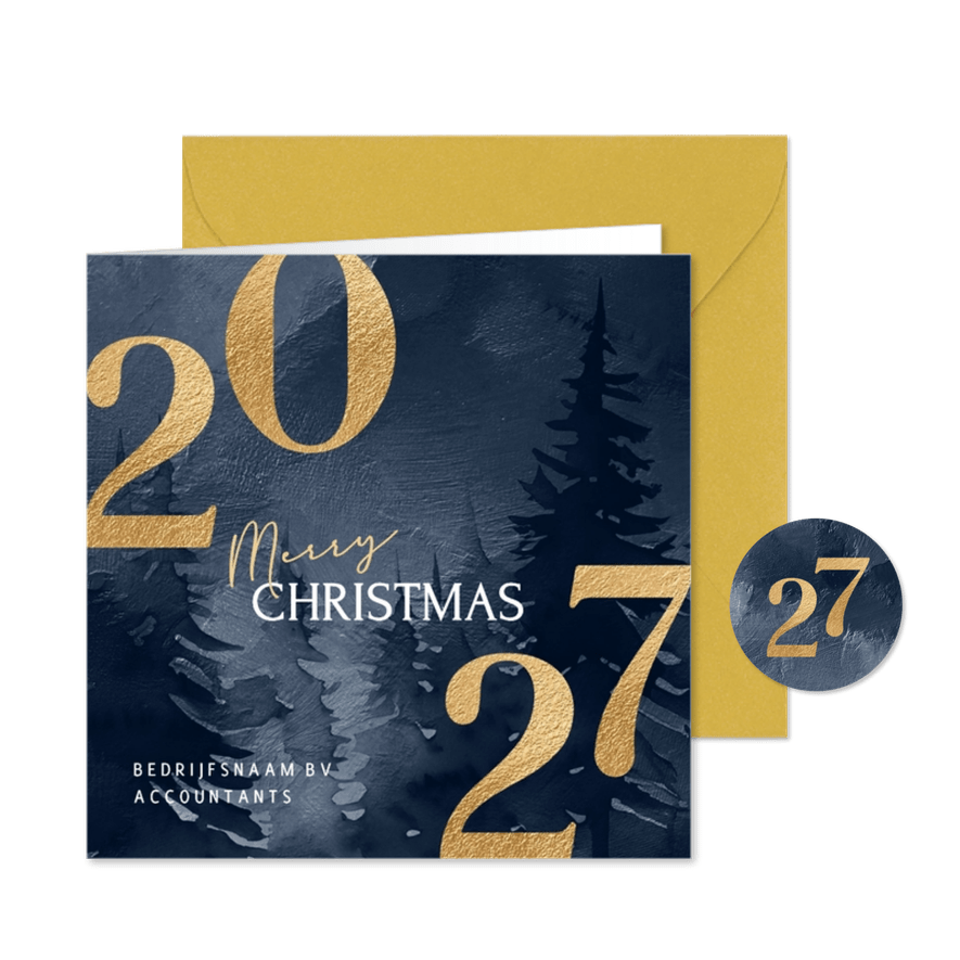 Kerstkaart zakelijk met 2027 in goud en kerstboom - Kaartimpressie