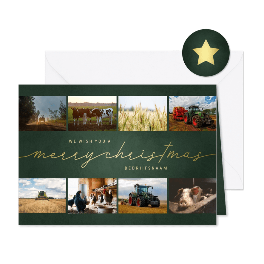 Kerstkaart zakelijk met fotocollage merry christmas goud - Kaartimpressie