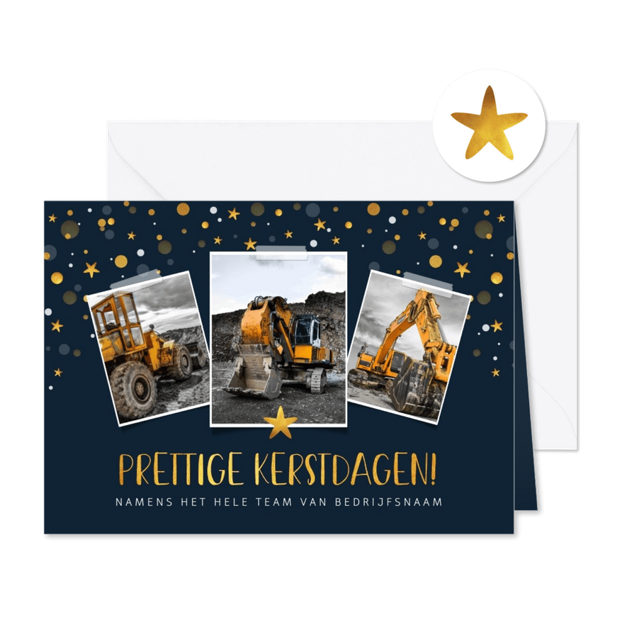 Kerstkaart zakelijk met goudconfetti, sterren en foto's - Kaartimpressie