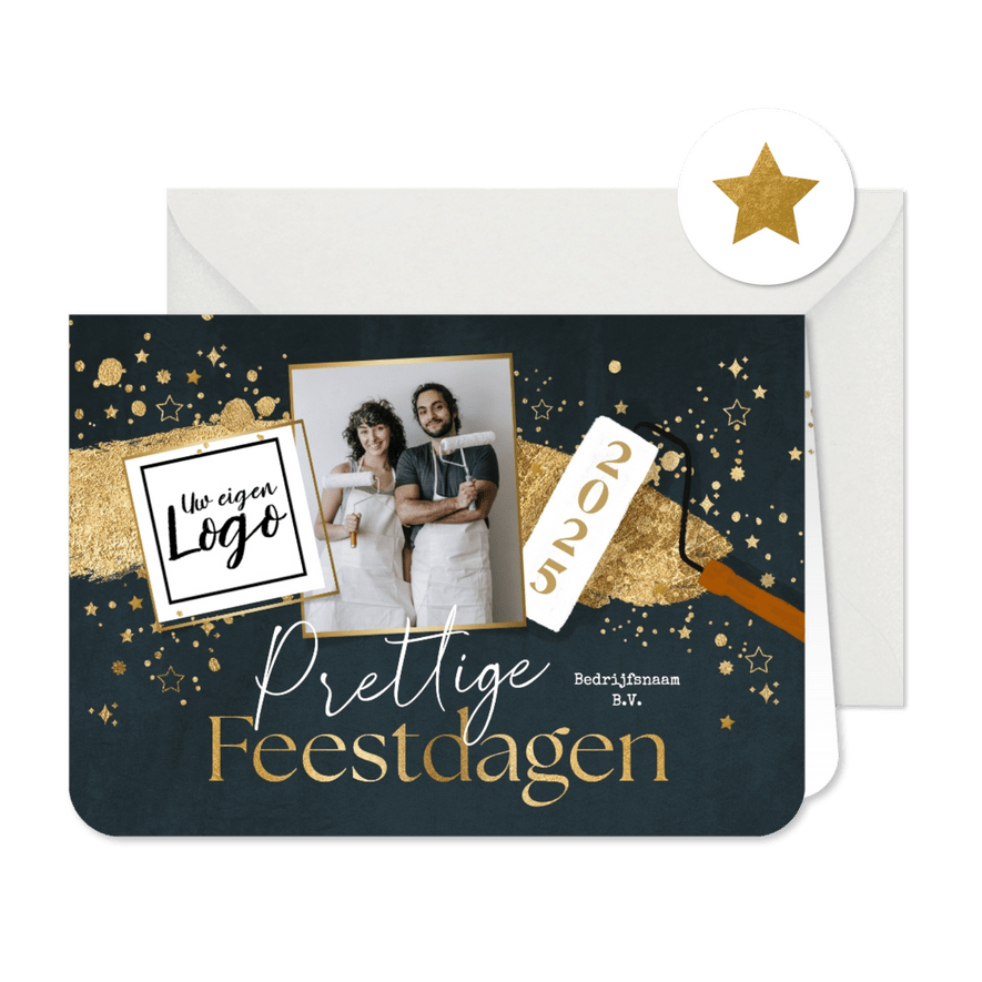 Kerstkaart zakelijk schilder verfstreep goud sterren logo - Kaartimpressie