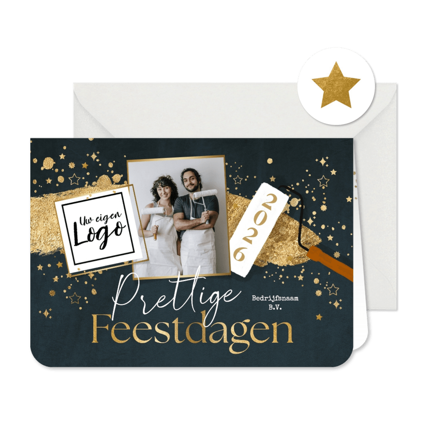 Kerstkaart zakelijk schilder verfstreep goud sterren logo - Kaartimpressie