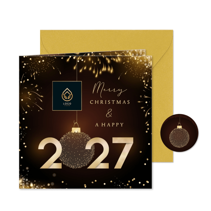 Kerstkaart zakelijk stijlvol goudlook jaartal met eigen logo - Kaartimpressie