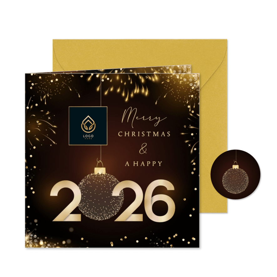 Kerstkaart zakelijk stijlvol goudlook jaartal met eigen logo - Kaartimpressie