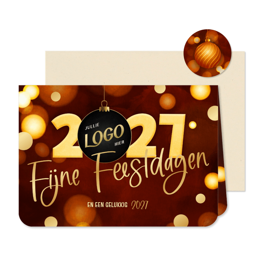 Kerstkaart zakelijk trendy 2027 kerstbal goud met logo - Kaartimpressie