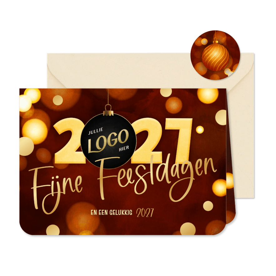 Kerstkaart zakelijk trendy 2027 kerstbal goud met logo - Kaartimpressie