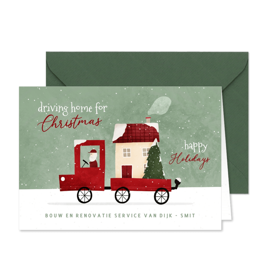Kerstkaart zakelijk verhuisbusje met huis en kerstboom - Kaartimpressie