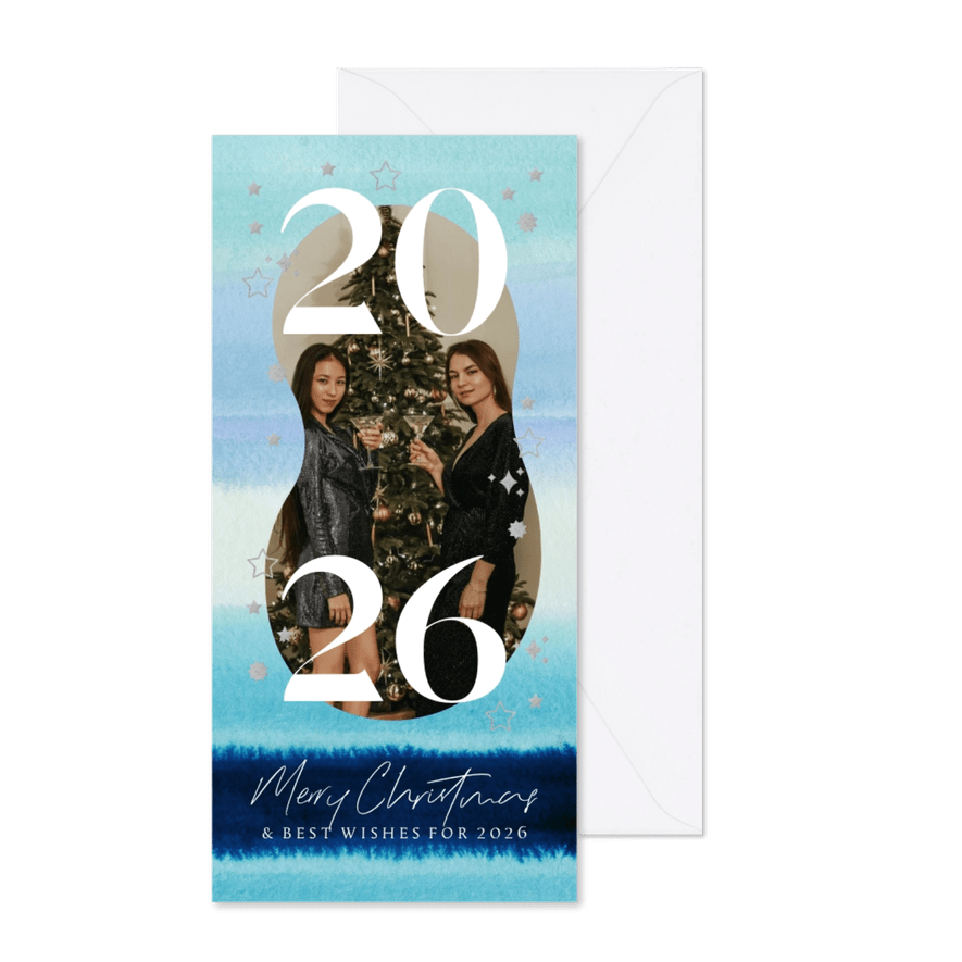 Kerstkaart zakelijk watercolour jaartal sterren - Kaartimpressie