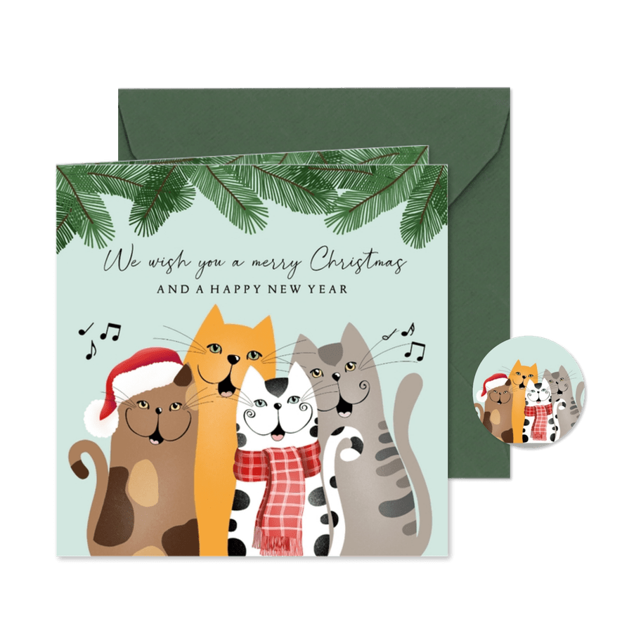 Kerstkaart zingende katten - Kaartimpressie