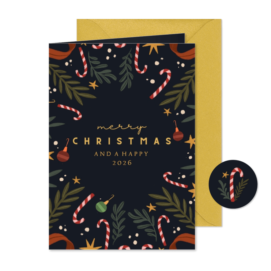 Kerstkaart zuurstokjes en takken vierkant. - Kaartimpressie