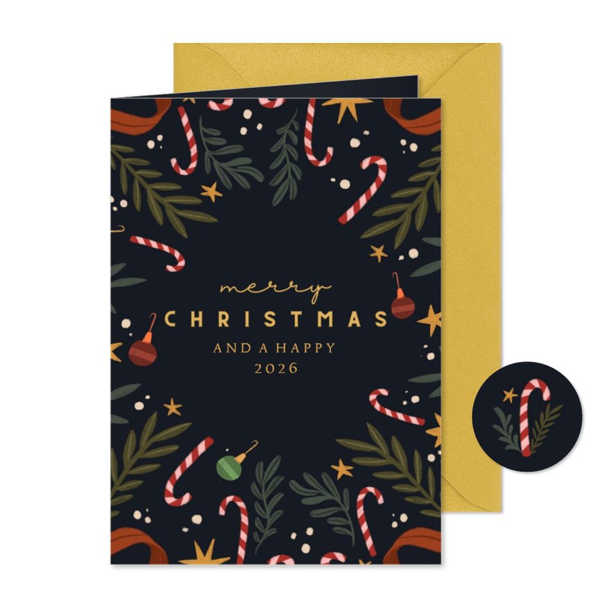 Kerstkaart zuurstokjes en takken vierkant. - Kaartimpressie