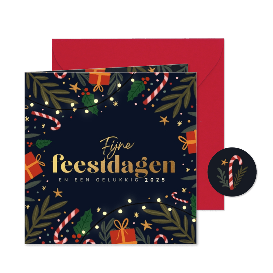 Kerstkaart zuurstokjes en takken vierkantje - Kaartimpressie