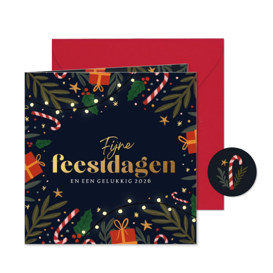 Kerstkaart zuurstokjes en takken vierkantje - Kaartimpressie