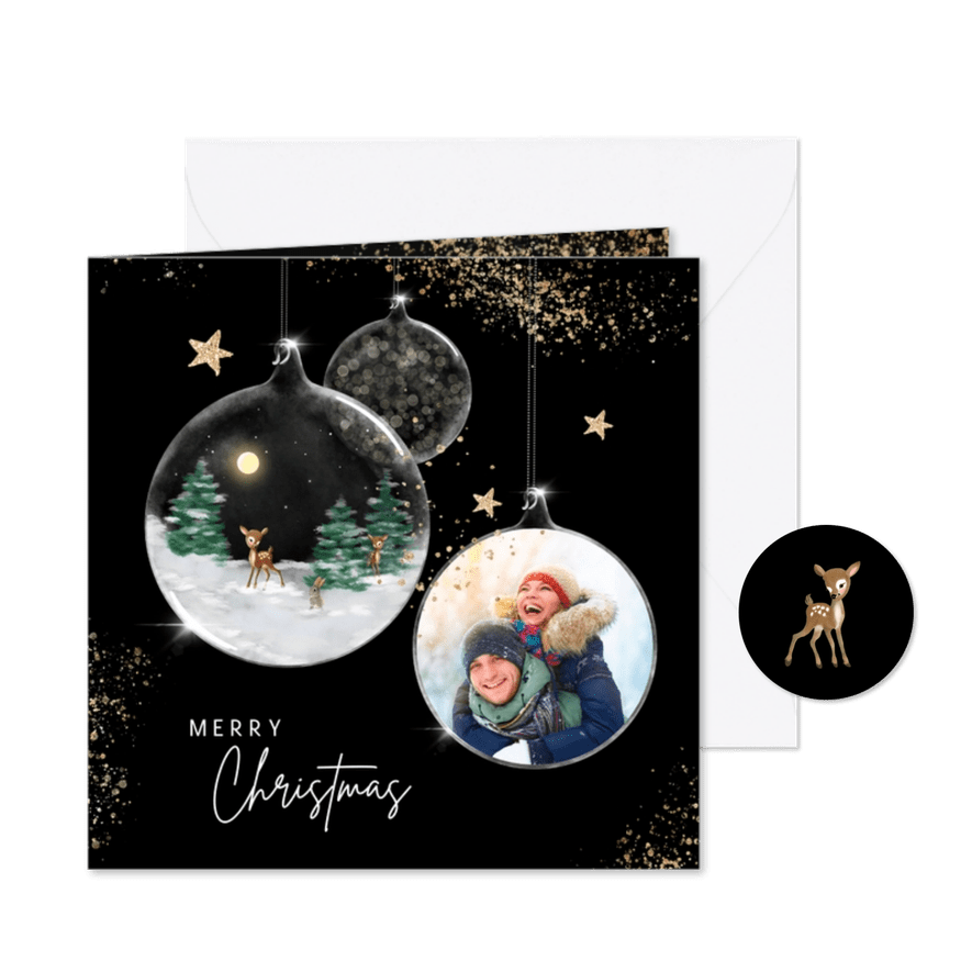 Kerstkaart zwart-goud met eigen foto - Kaartimpressie
