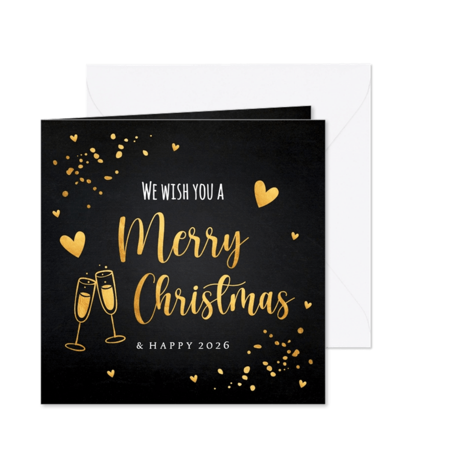 Kerstkaart zwart goudlook typografie champagne hartjes - Kaartimpressie