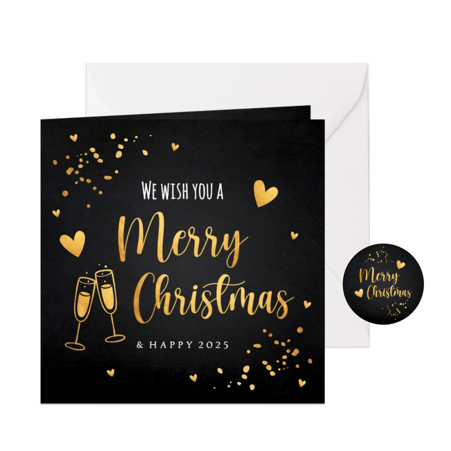 Kerstkaart zwart goudlook typografie champagne hartjes - Kaartimpressie