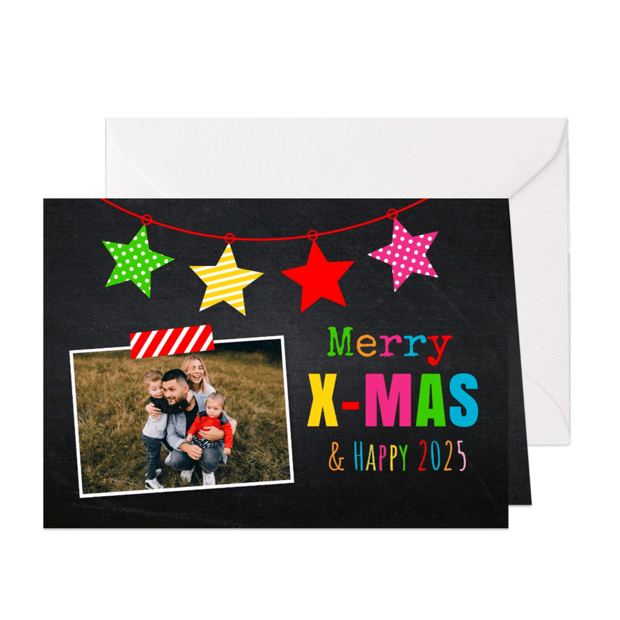 Kerstkaart zwart krijtbord sterren kleur foto - Kaartimpressie