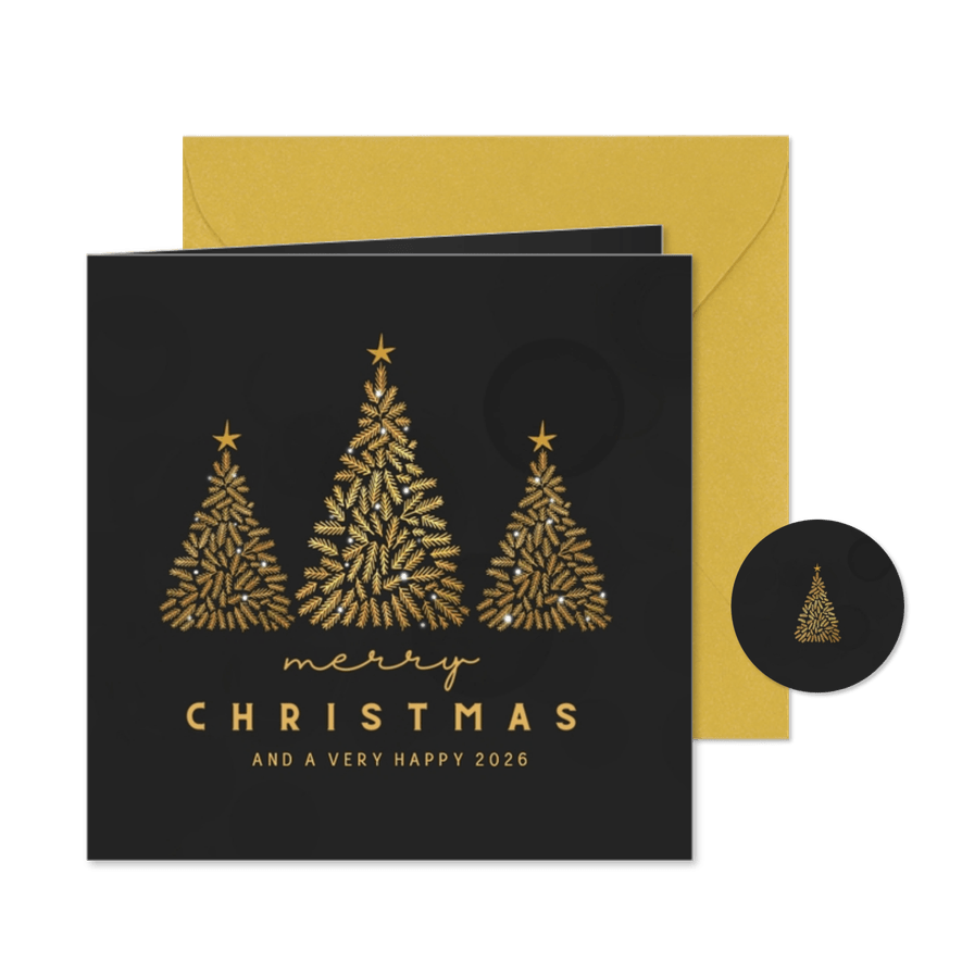 Kerstkaart zwart met gouden kerstboompjes - Kaartimpressie