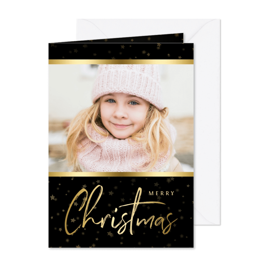 Kerstkaart zwart sterren met gouden accent en foto - Kaartimpressie