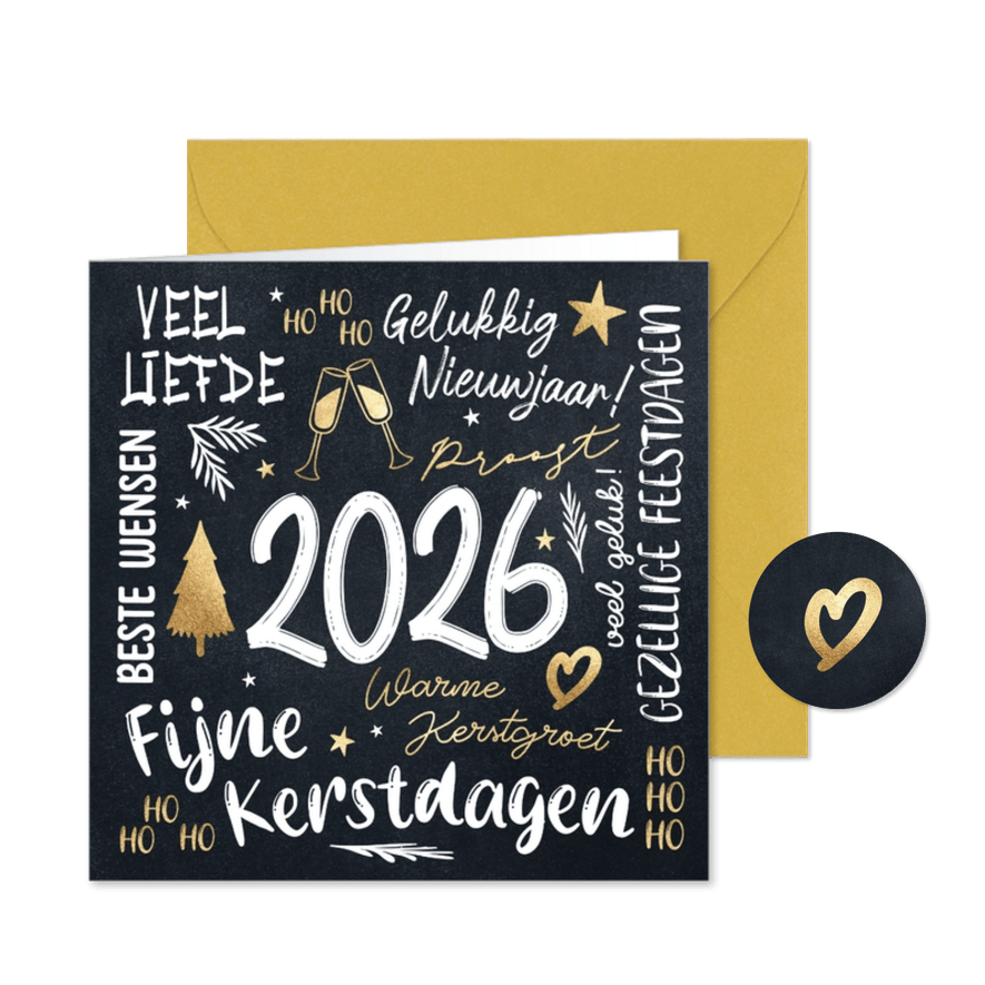 Kerstkaart zwart wit goud 2026 - Kaartimpressie