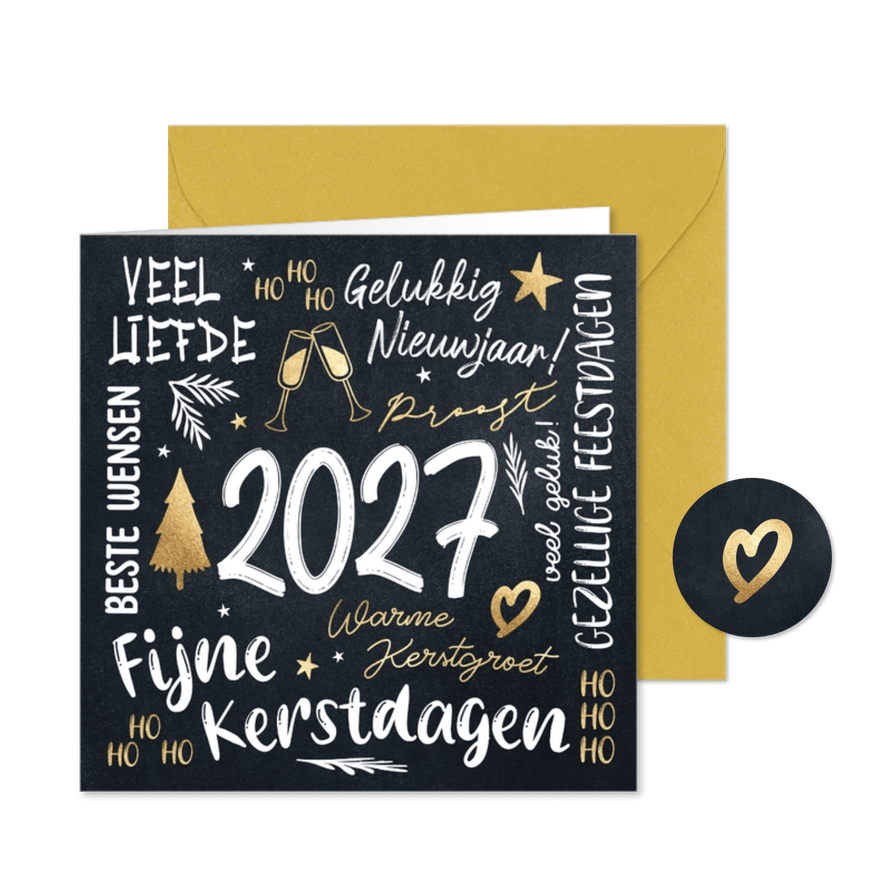 Kerstkaart zwart wit goud 2027 - Kaartimpressie