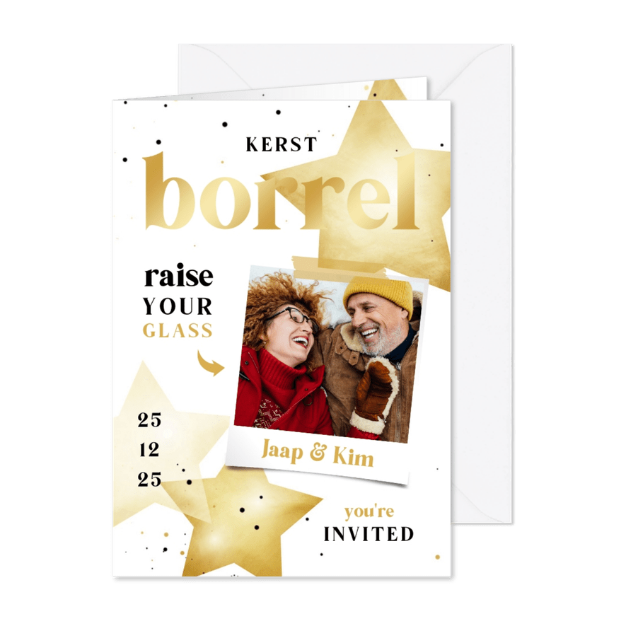 Kerstkaart zwart wit goud kerstborrel met sterren - Kaartimpressie