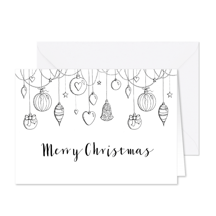 Kerstkaart zwart-wit kerstballen - Kaartimpressie