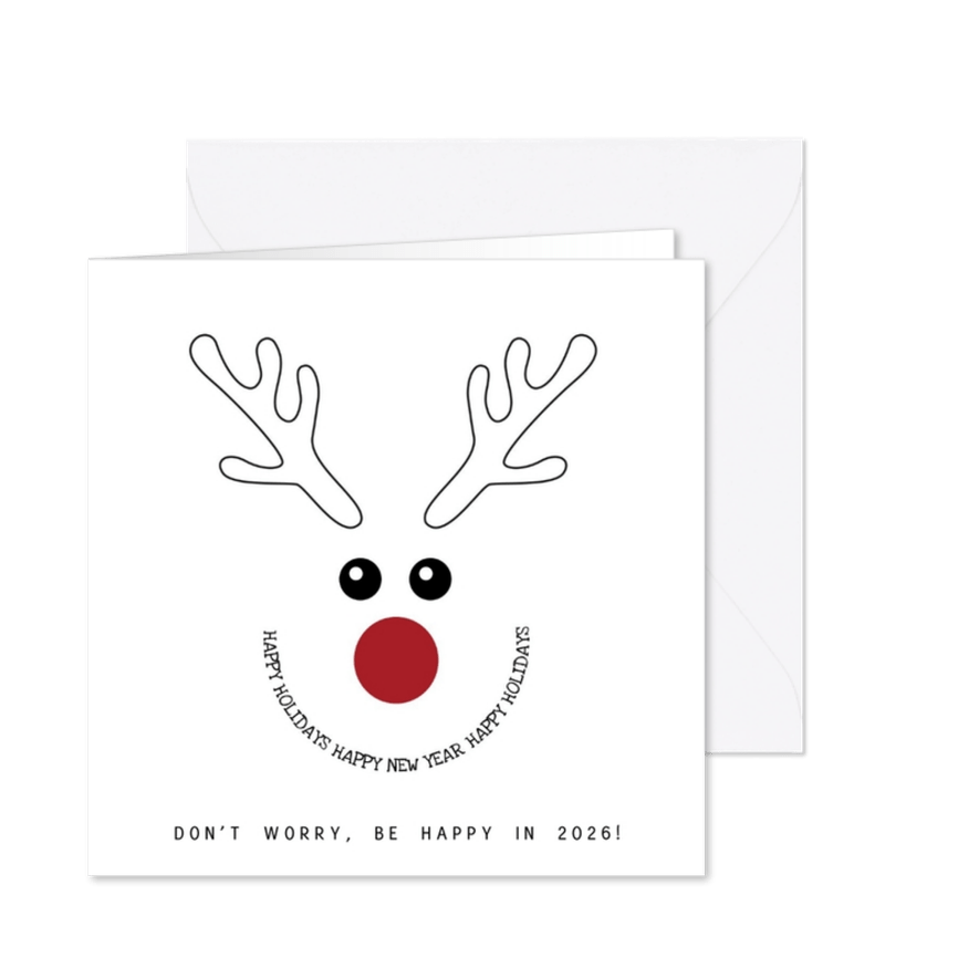 Kerstkaart zwart-wit met grappige illustratie rendier 2026 - Kaartimpressie