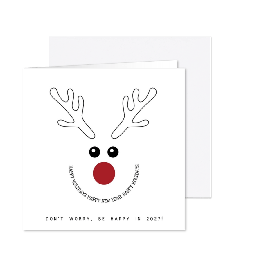 Kerstkaart zwart-wit met grappige illustratie rendier 2027 - Kaartimpressie