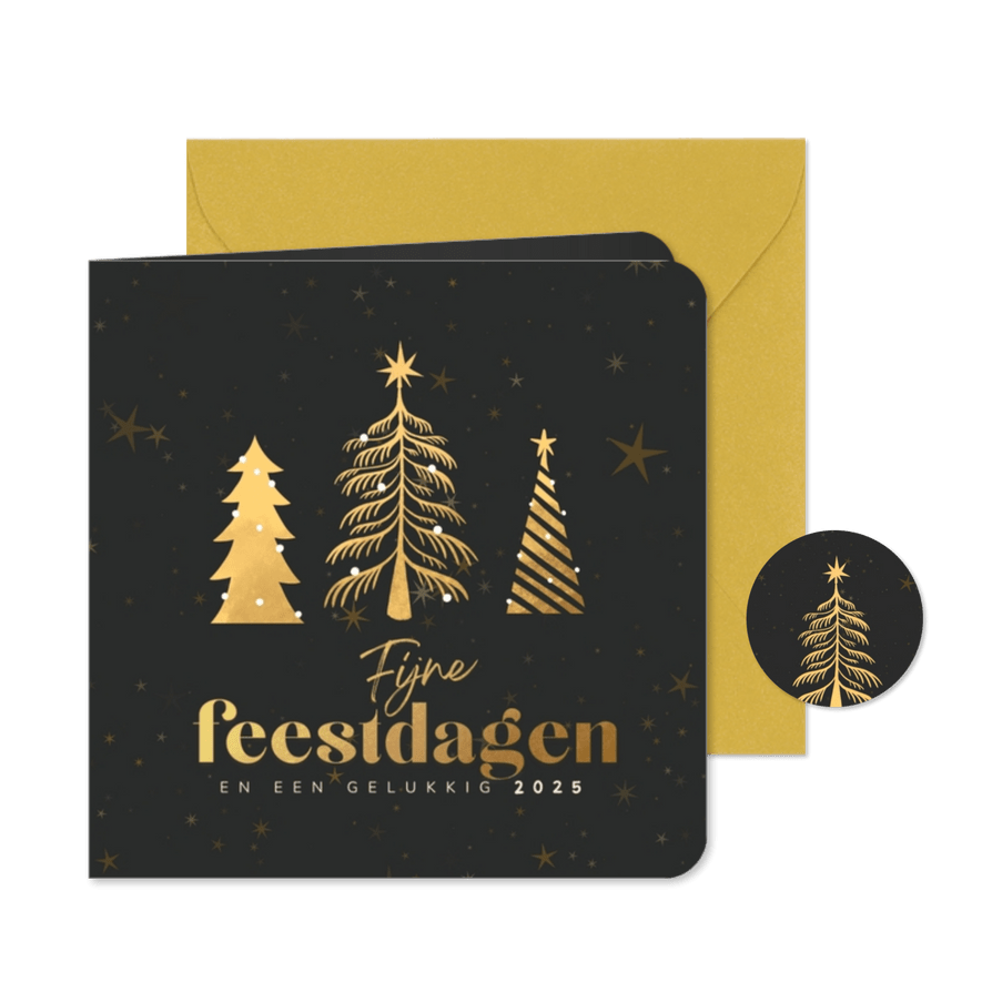 Kerstkaart zwarte sterrenhemel met gouden kerstbomen - Kaartimpressie