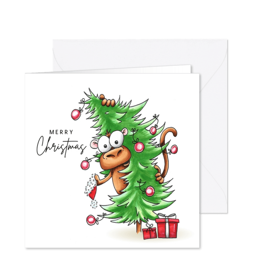 kerstkaarten aap met kerstboom en Corona de wereld uit - Kaartimpressie