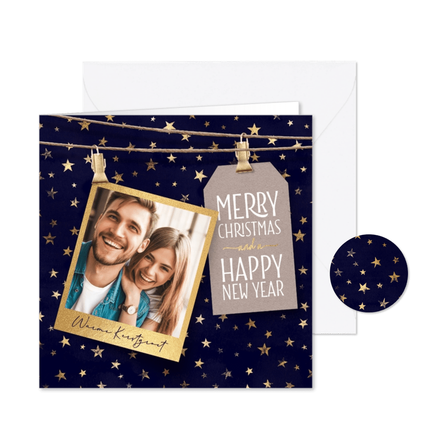 Kerstkaarten foto met sterren en label - Kaartimpressie
