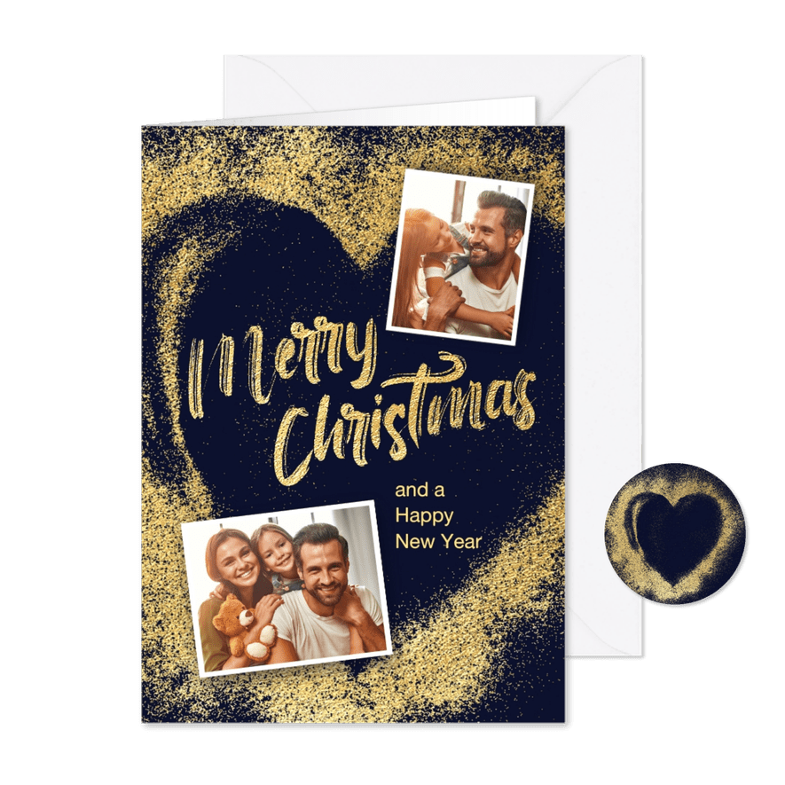Kerstkaarten gouden hart en twee foto's - Kaartimpressie