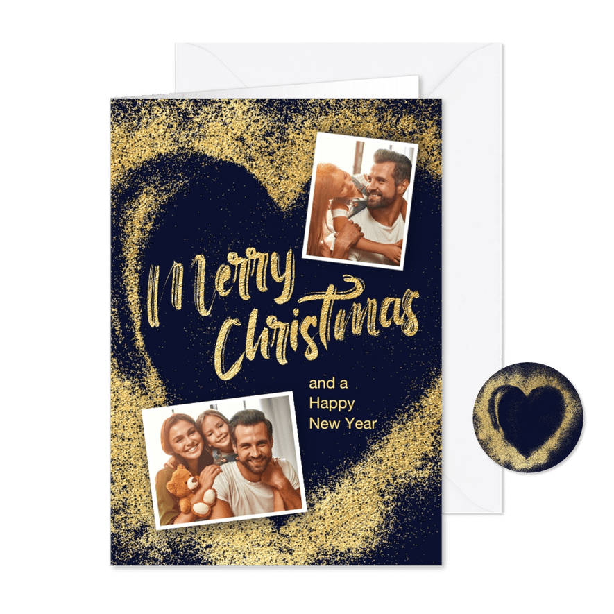 Kerstkaarten gouden hart en twee foto's - Kaartimpressie