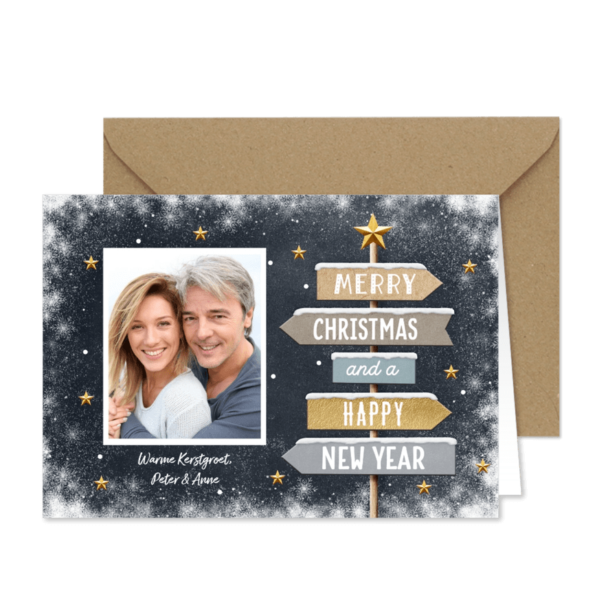 Kerstkaarten hip met wegwijzers sneeuw en foto - Kaartimpressie