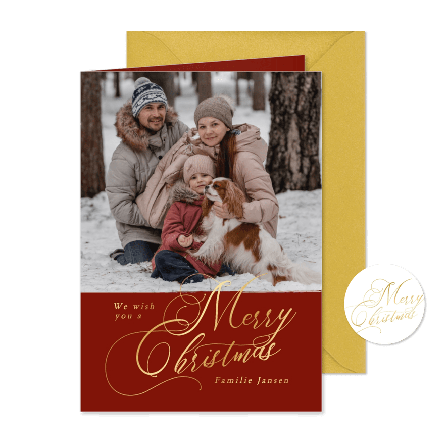 Kerstkaarten met foto en gouden merry christmas klassiek - Kaartimpressie